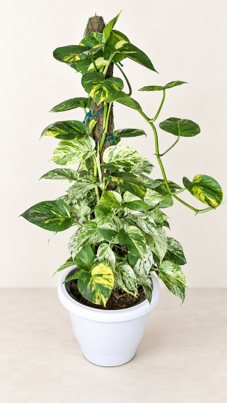 Variegated Money Plant on a moss stick, in a white plastic pot